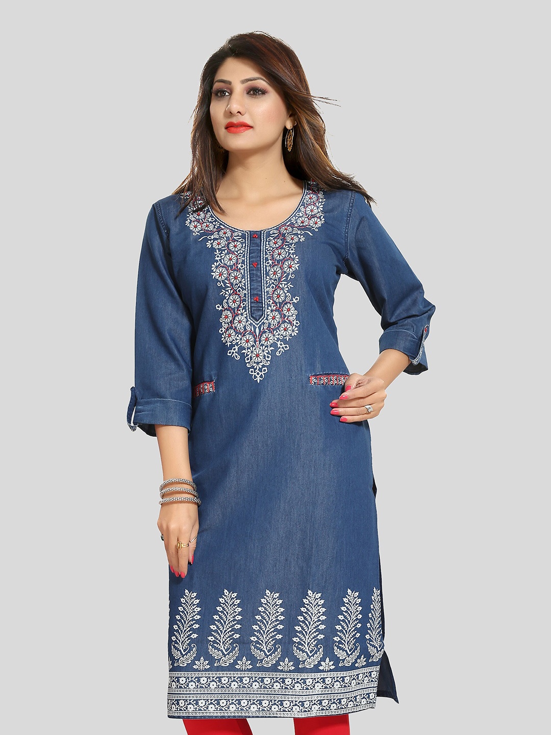 

keshubaba Floral Printed Roll-Up Sleeves Cotton Straight Kurta, Blue