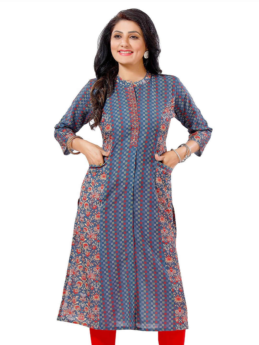 

keshubaba Floral Printed Mandarin Collar Cotton Straight Kurta, Blue