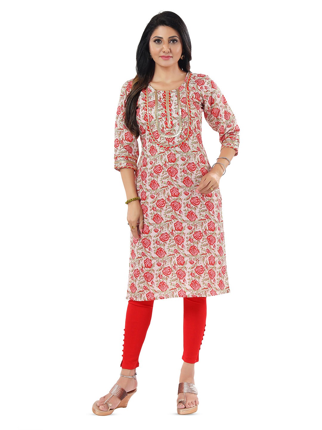 

keshubaba Floral Printed Gotta Patti Straight Kurta, Cream