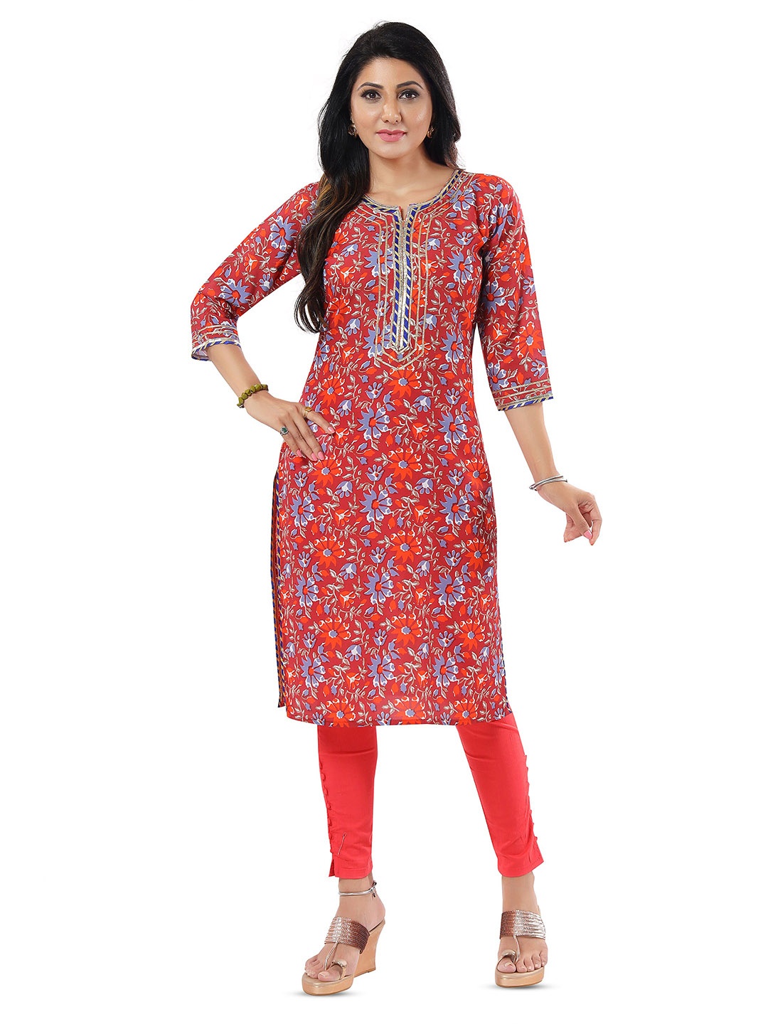 keshubaba Floral Printed Straight Kurta, Red