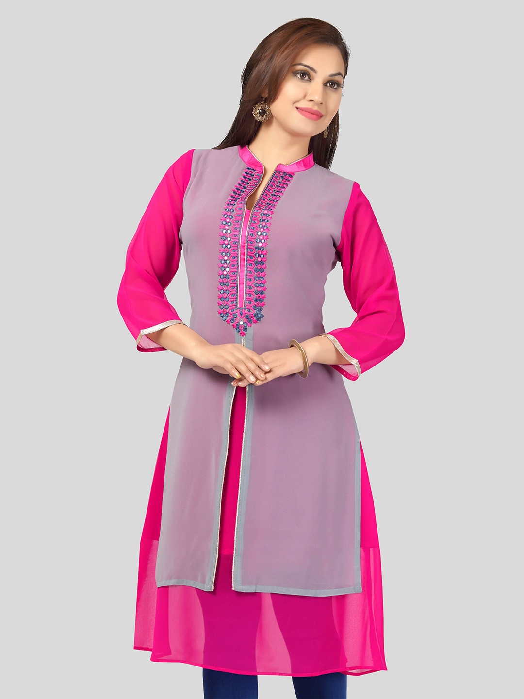

keshubaba Mirror Work Embellished Pure Georgette A-Line Kurta, Grey