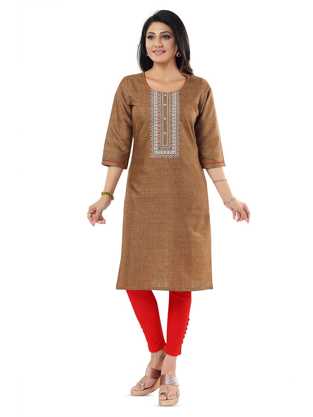 

keshubaba Ethnic Motifs Yoke Design Straight Kurta, Brown