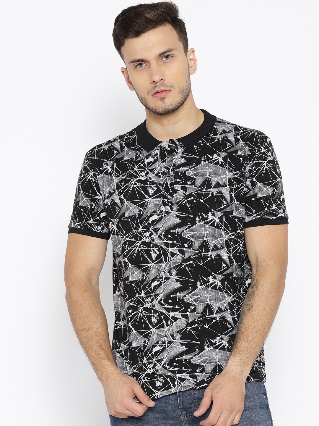 

Status Quo Men Black White Printed Polo Collar Pure Cotton T-shirt