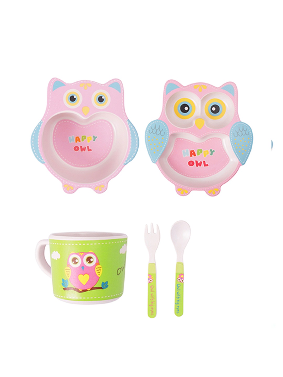 

THE BAMBOO CO Pink & Green 5 Pieces Printed Bamboo Glossy Dinner Set