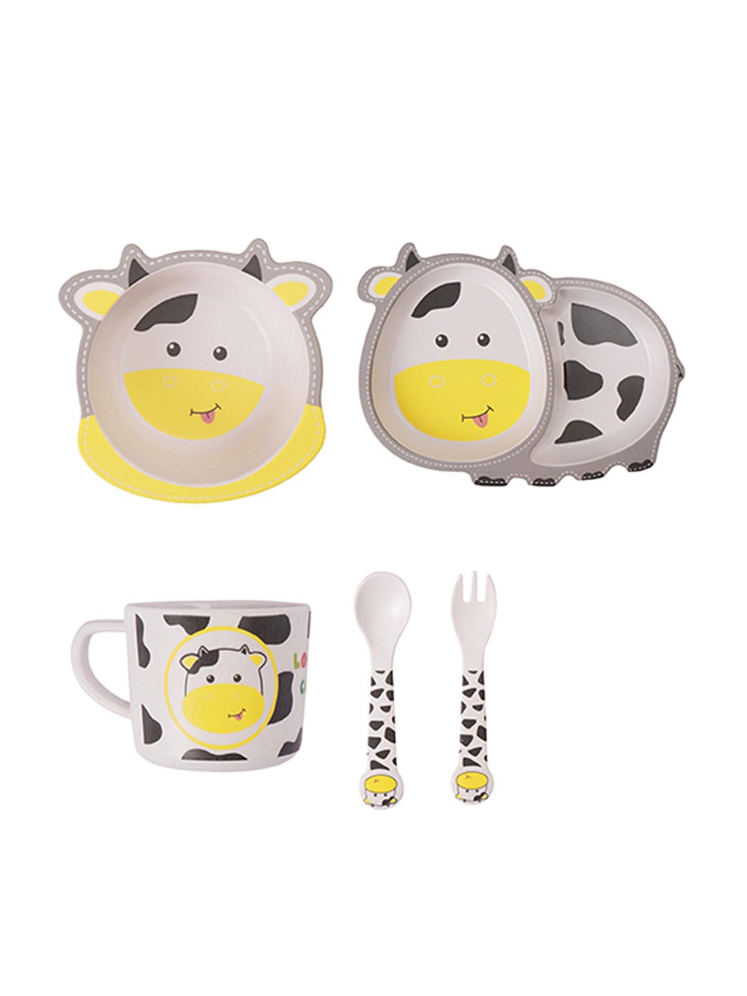 

THE BAMBOO CO White & Yellow 5 Pieces Printed Bamboo Glossy Dinner Set
