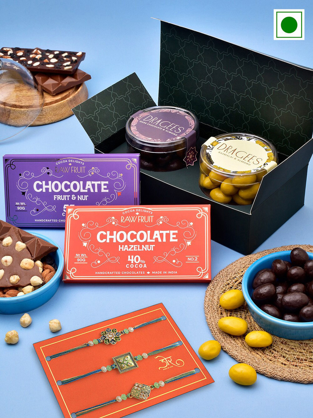

RawFruit Set of 3 Stone-Studded Rakhi With Chocolate Bar & Almond Dragee Gift Set, Green