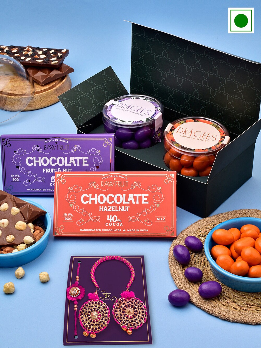 

RawFruit Set Of 2 Bhai Bhabhi Rakhi With Chocolate Bar & Almond Dragee Gift Set, Pink