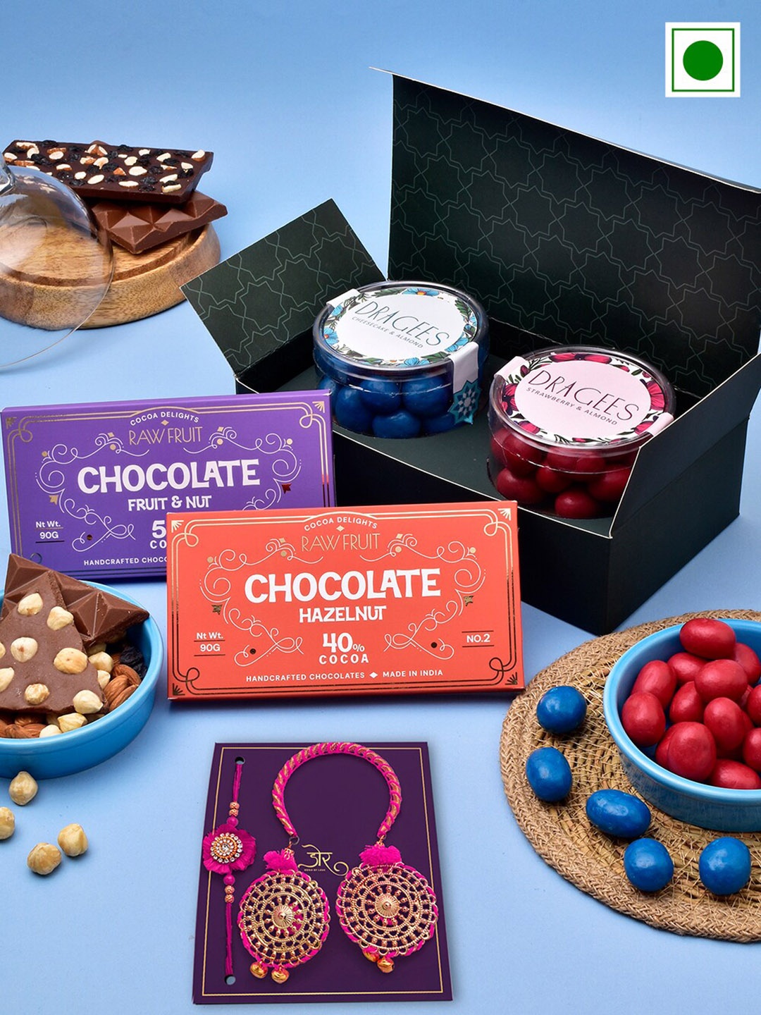 

RawFruit Set Of 2 Beaded & Stone Studded Rakhis With Dragees & Chocolate Gifts Set, Gold