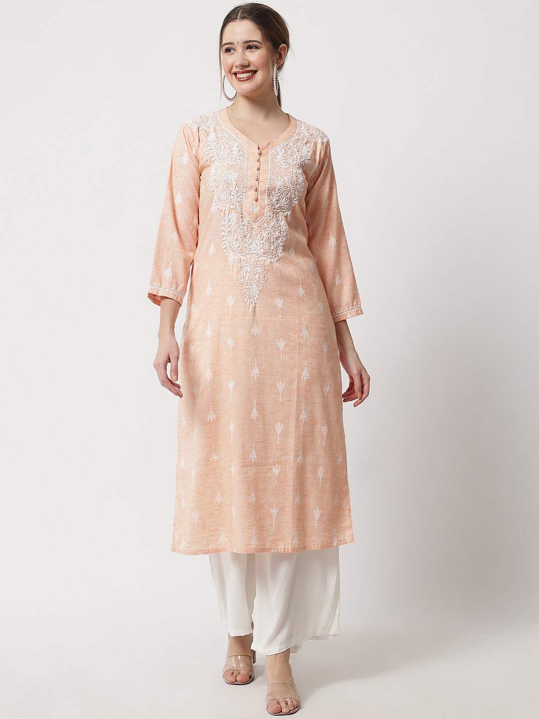

Ethnava Ethnic Motifs Embroidered Straight Kurta, Peach