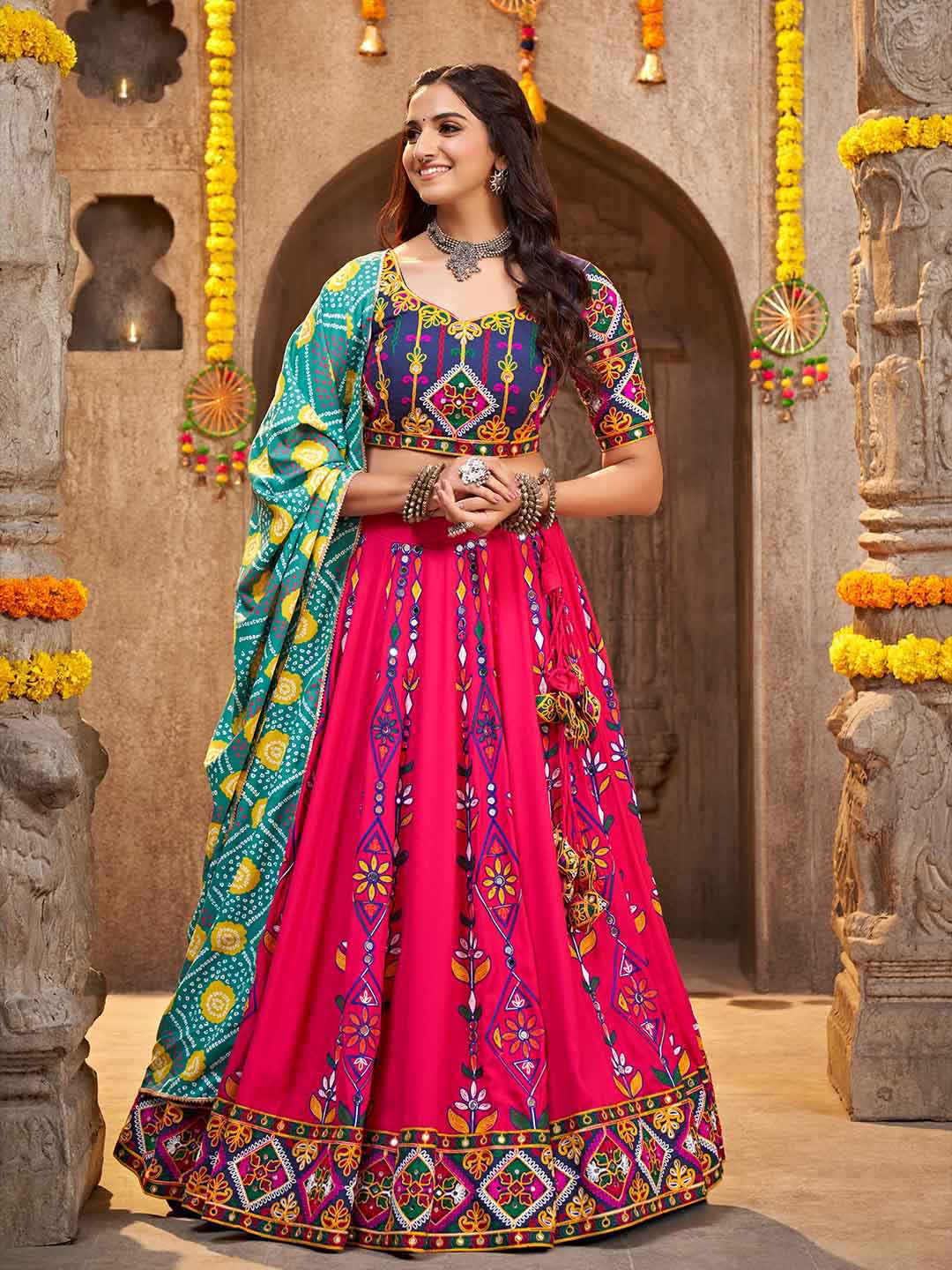 

SHUBHKALA Printed Ready to Wear Lehenga & Unstitched Blouse With Dupatta, Pink