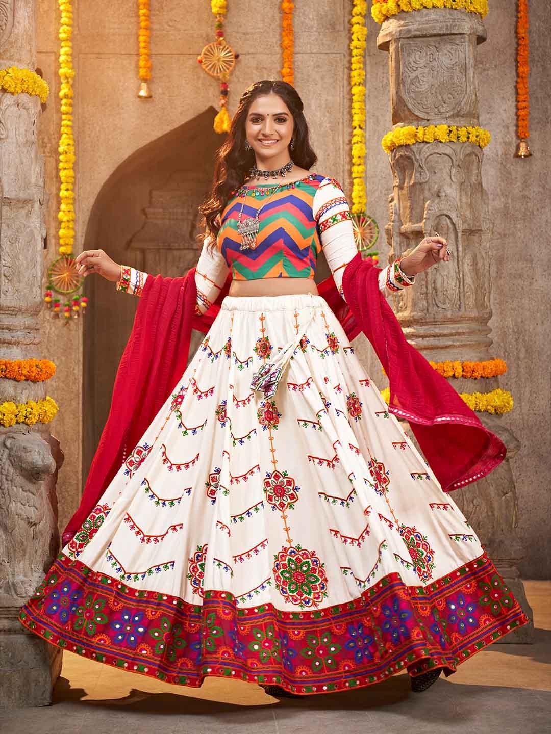 

SHUBHKALA Printed Thread Work Ready to Wear Lehenga & Unstitched Blouse With Dupatta, White