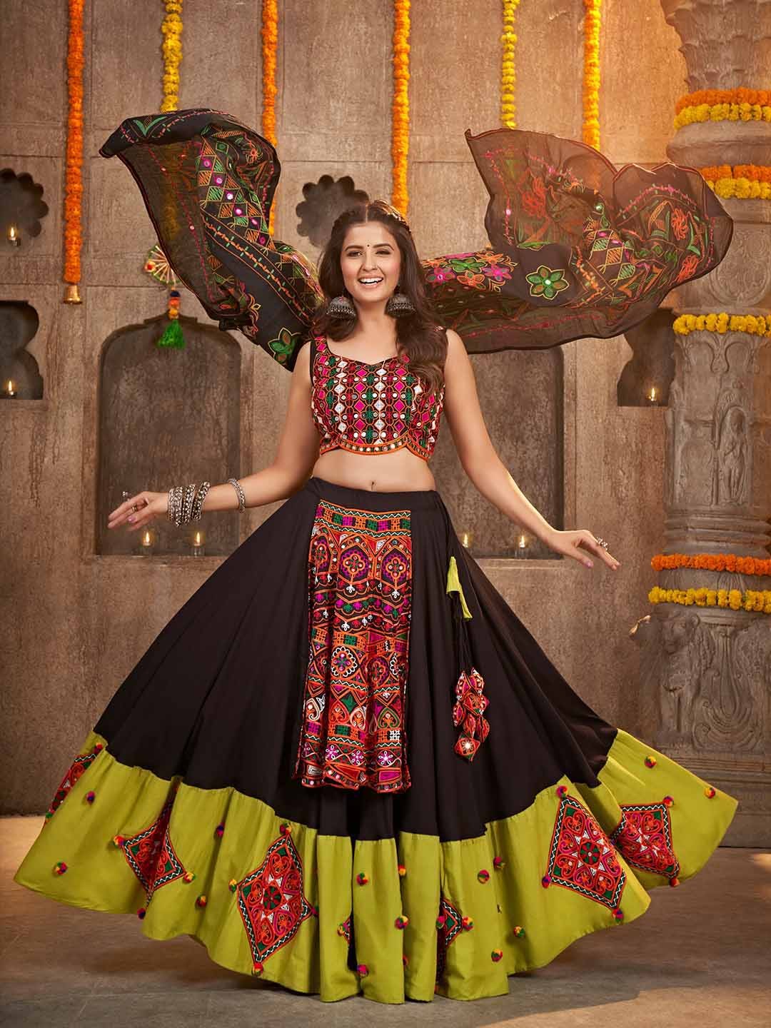 

SHUBHKALA Embroidered Thread Work Ready to Wear Lehenga & Unstitched Blouse With Dupatta, Black