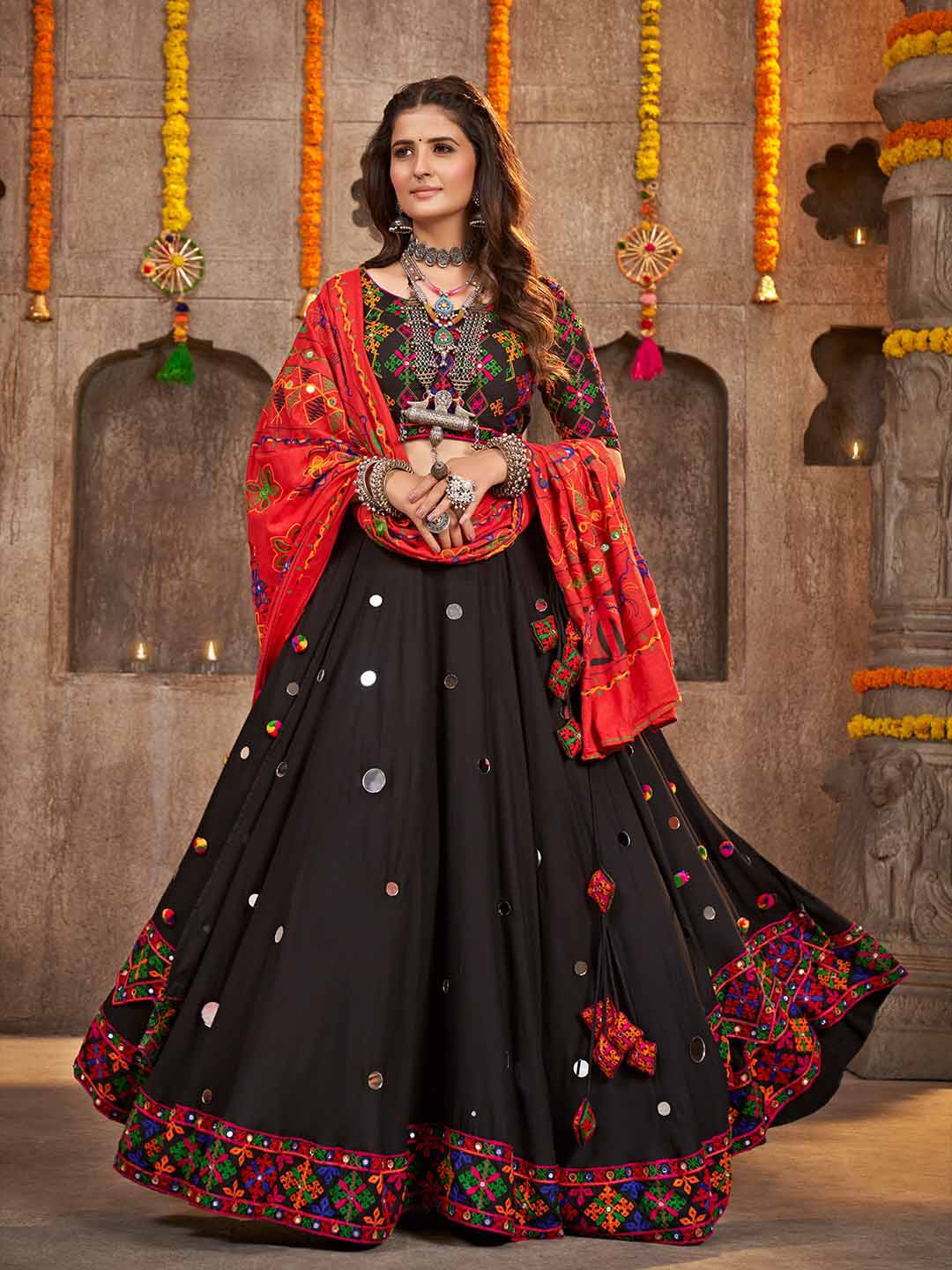 

SHUBHKALA Embroidered Thread Work Ready to Wear Lehenga & Unstitched Blouse With Dupatta, Black