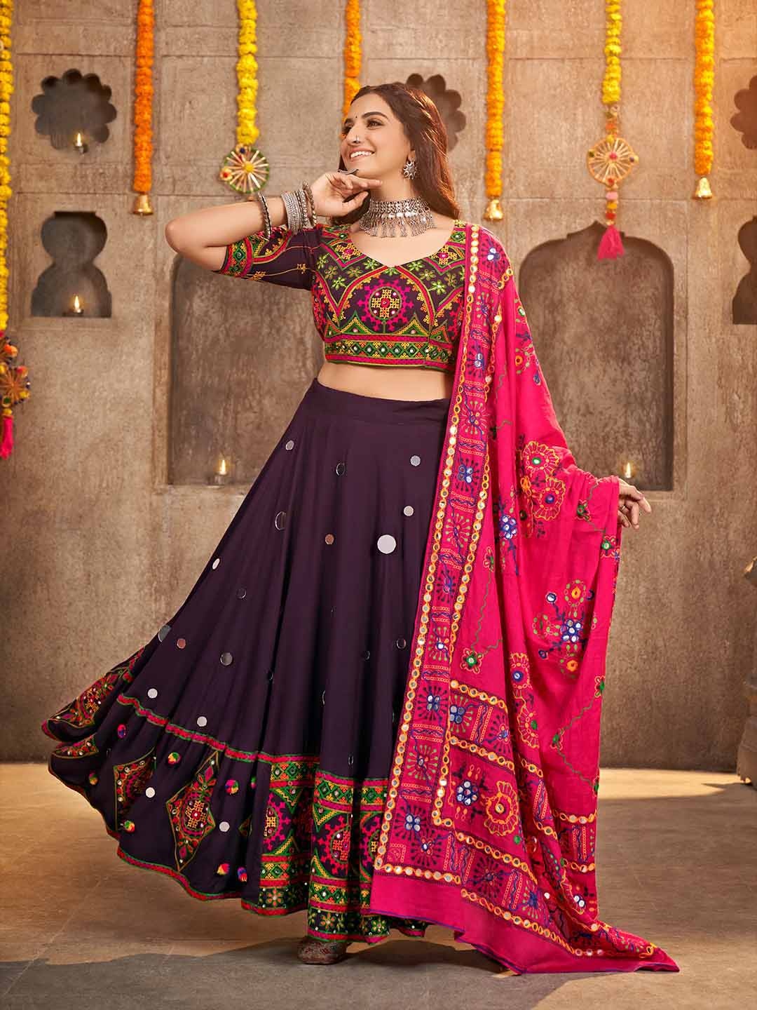 

SHUBHKALA Embroidered Thread Work Ready to Wear Lehenga & Unstitched Blouse With Dupatta, Purple