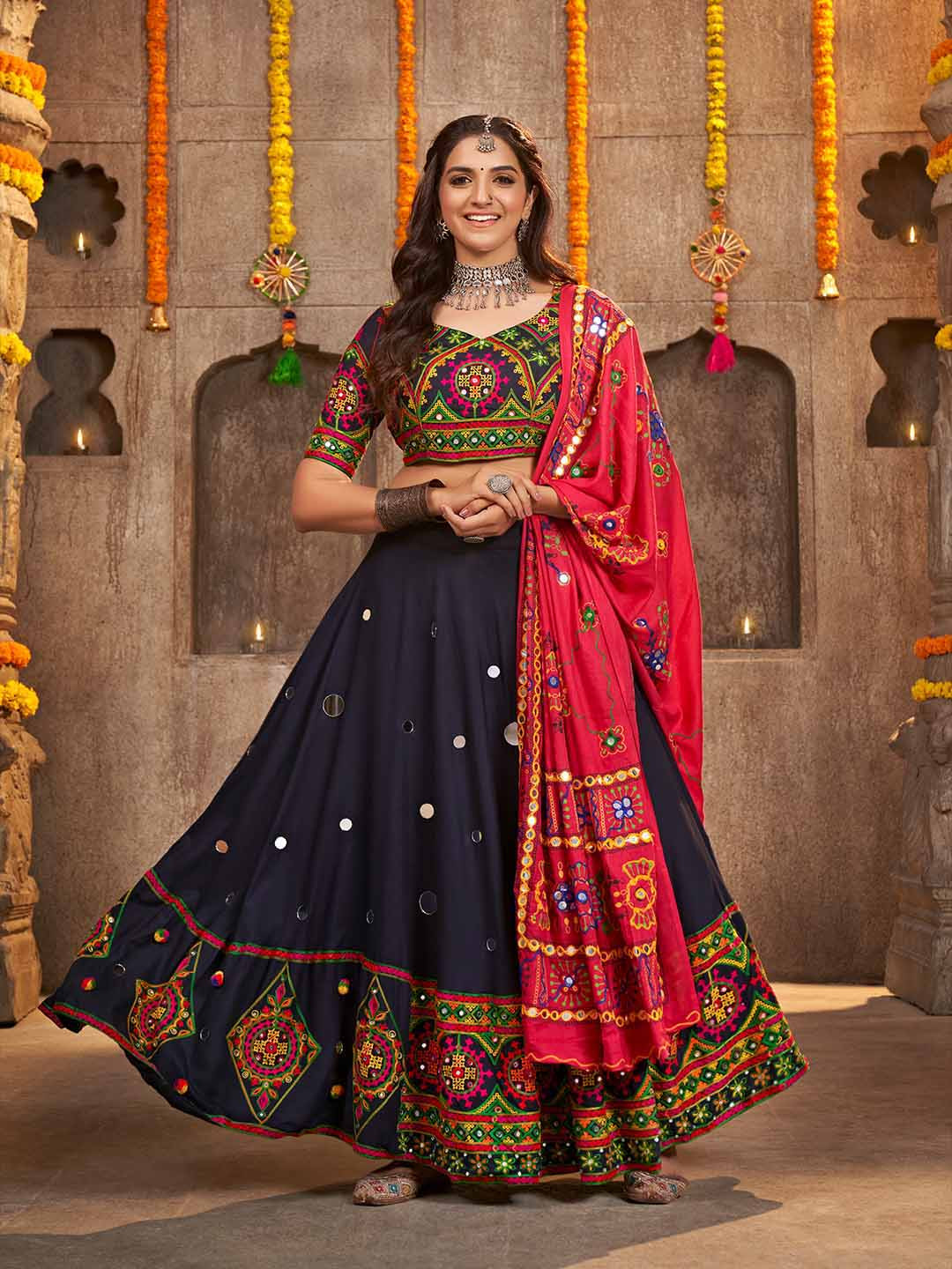 

SHUBHKALA Embroidered Thread Work Ready to Wear Lehenga & Unstitched Blouse With Dupatta, Navy blue