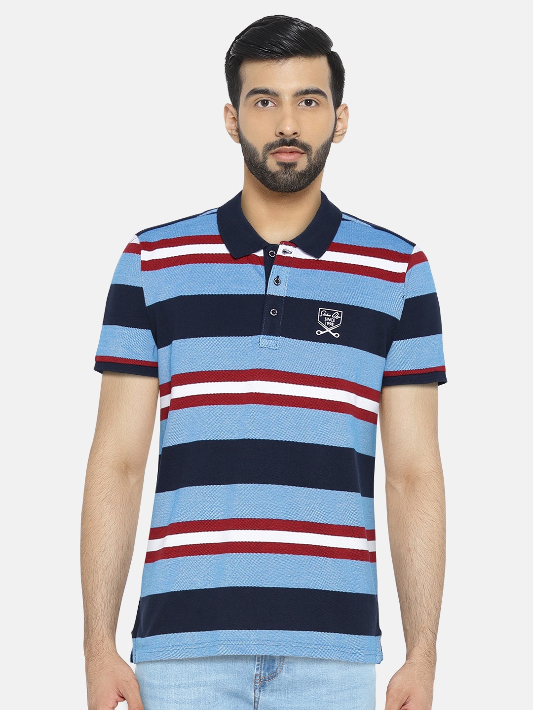 

Status Quo Men Blue & Maroon Striped Polo Collar T-shirt