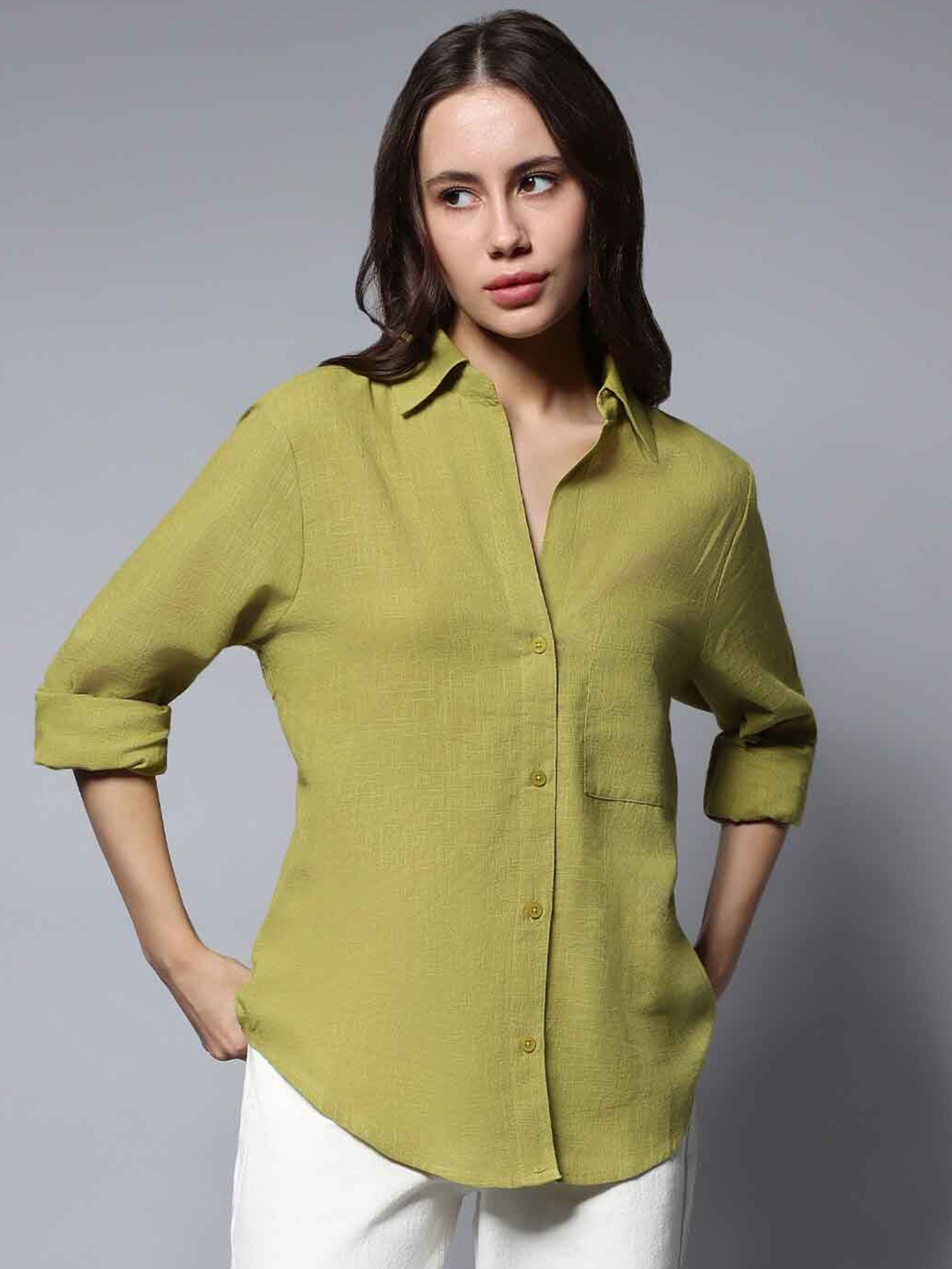 

High Star Solid Long Sleeves Oversized Casual Shirt, Green