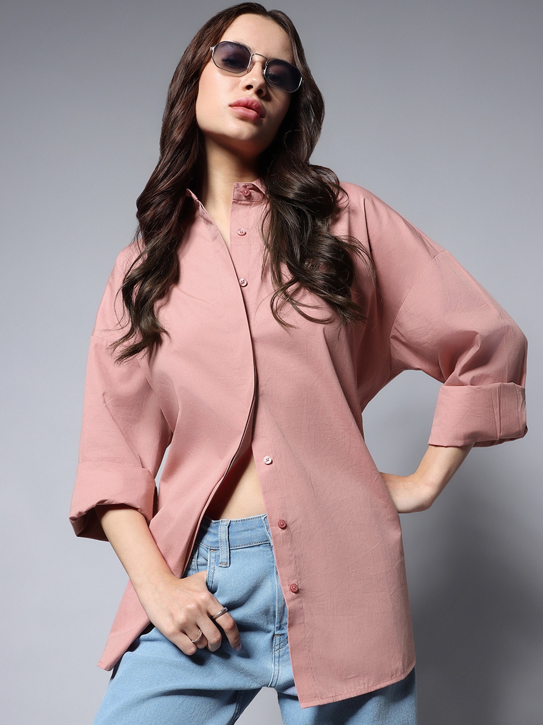 

High Star Solid Long Sleeves Oversized Casual Shirt, Pink