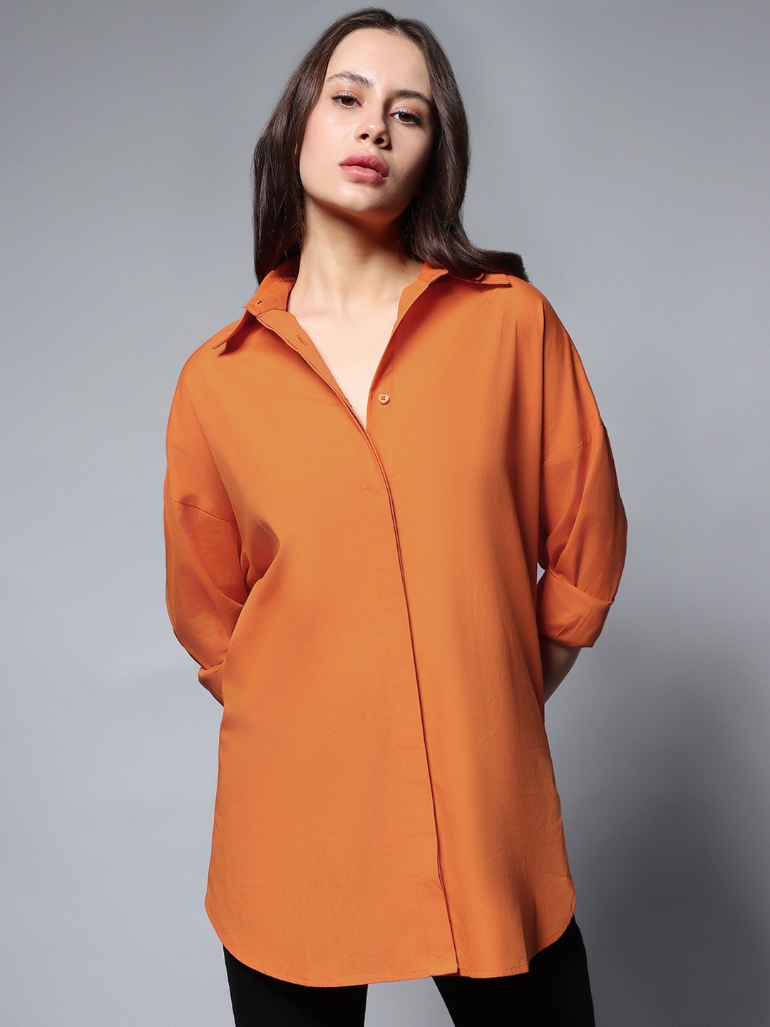 

High Star Long Sleeves Solid Cotton Oversized Casual Shirt, Orange