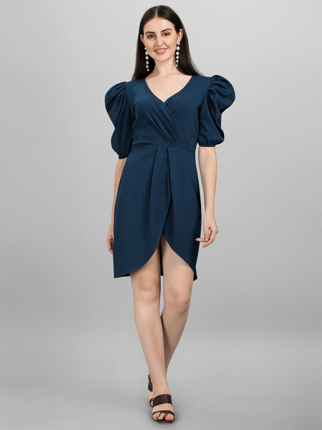 

WESTHOOD V-Neck Puff Sleeve A-Line Dress, Teal