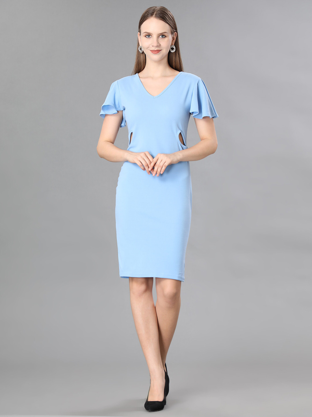 

WESTHOOD Flutter Sleeve Cut-Out V-Neck Bodycon Dress, Turquoise blue