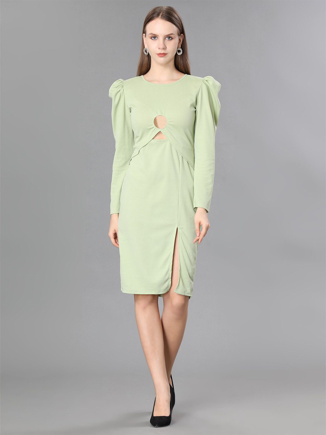 

WESTHOOD Cut-Out Round Neck Puff Sleeve Bodycon Dress, Sea green