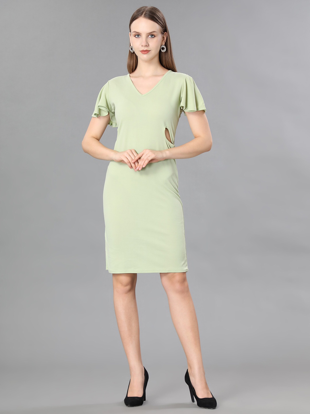 

WESTHOOD Flutter Sleeve V-Neck Sheath Dress, Sea green