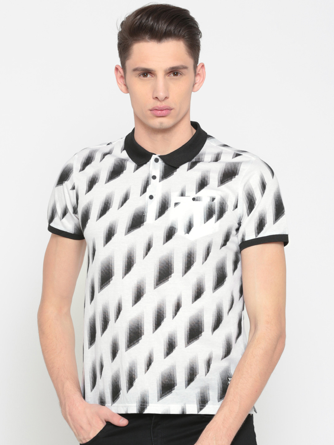 

Status Quo Men White Black Printed Polo Pure Cotton T-shirt