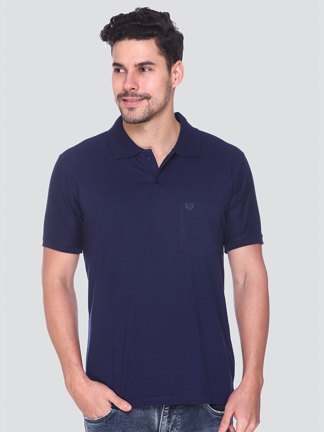 GUYZ CLUB Polo Collar Short Sleeves Pockets Cotton T-shirt, Navy blue