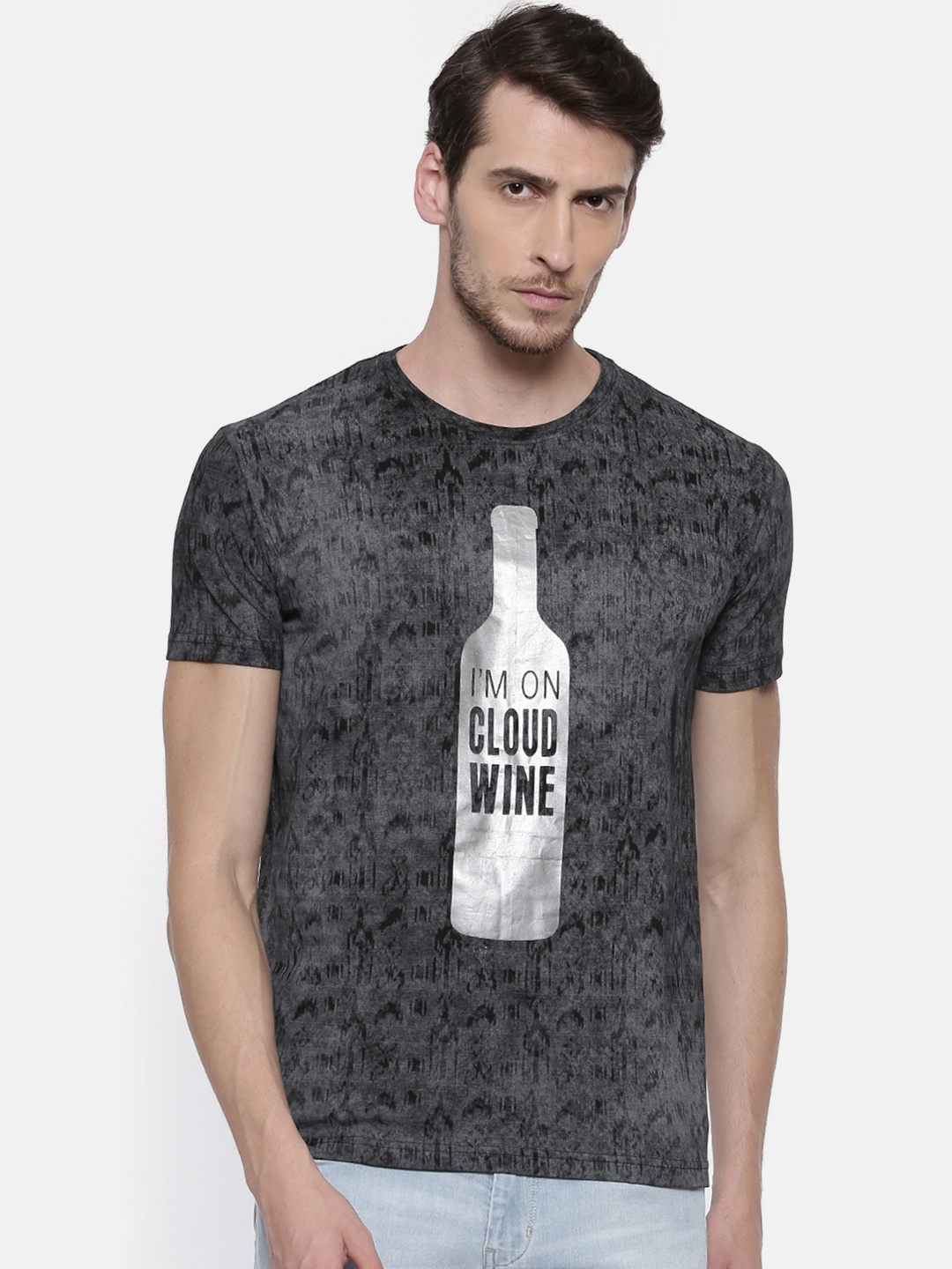 

Status Quo Men Grey Printed Round Neck Pure Cotton T-shirt