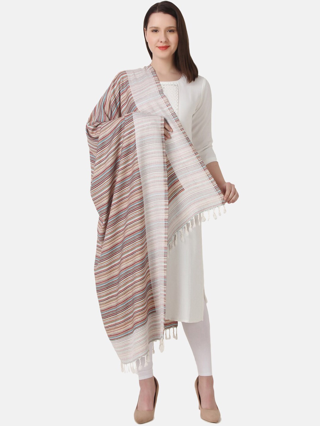 

EVAZ Striped Woven Design Tasseled Acrylic Shawl, White