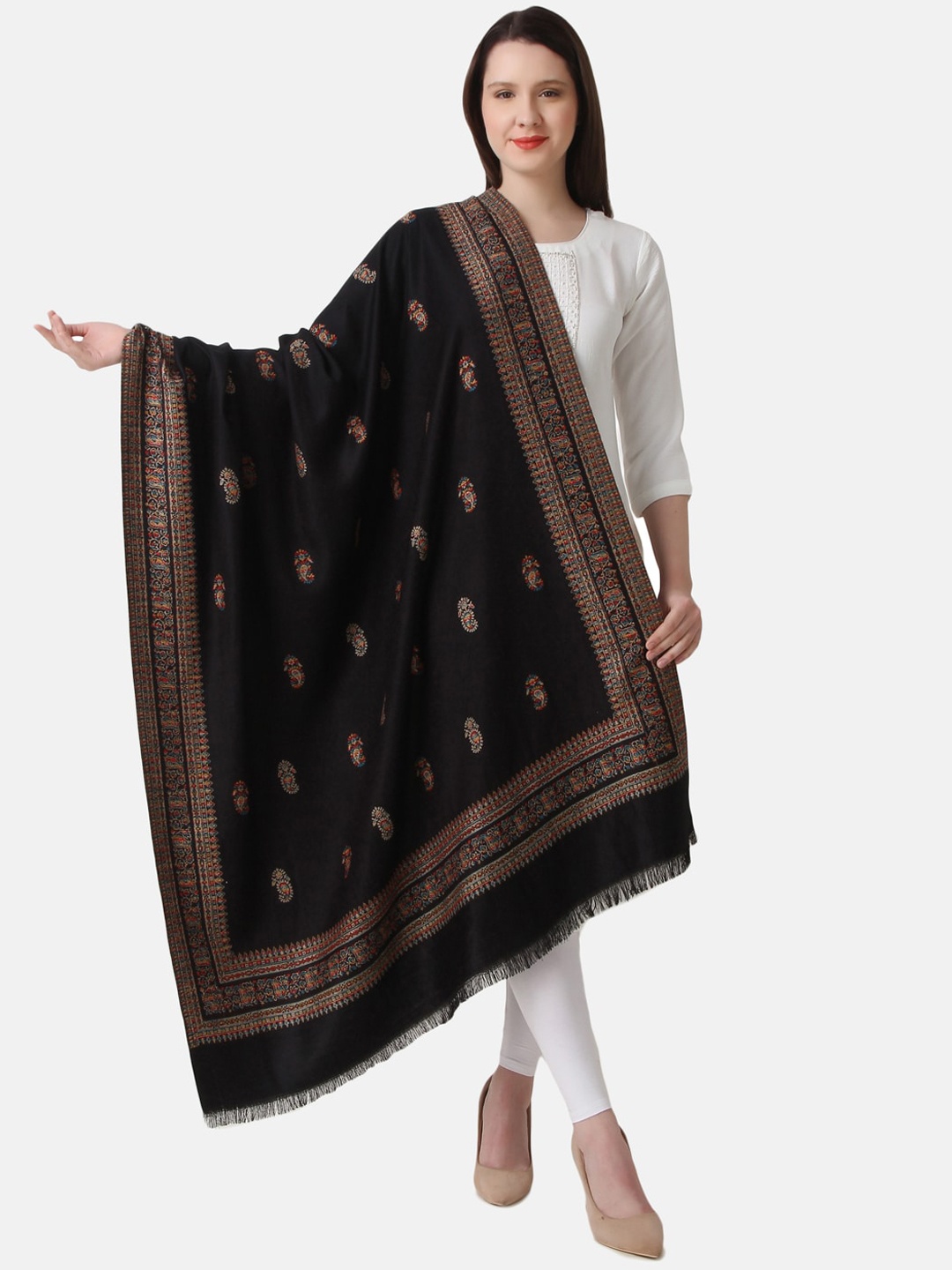 

EVAZ Ethnic Motifs Woven Design Tasseled Acrylic Shawl, Black