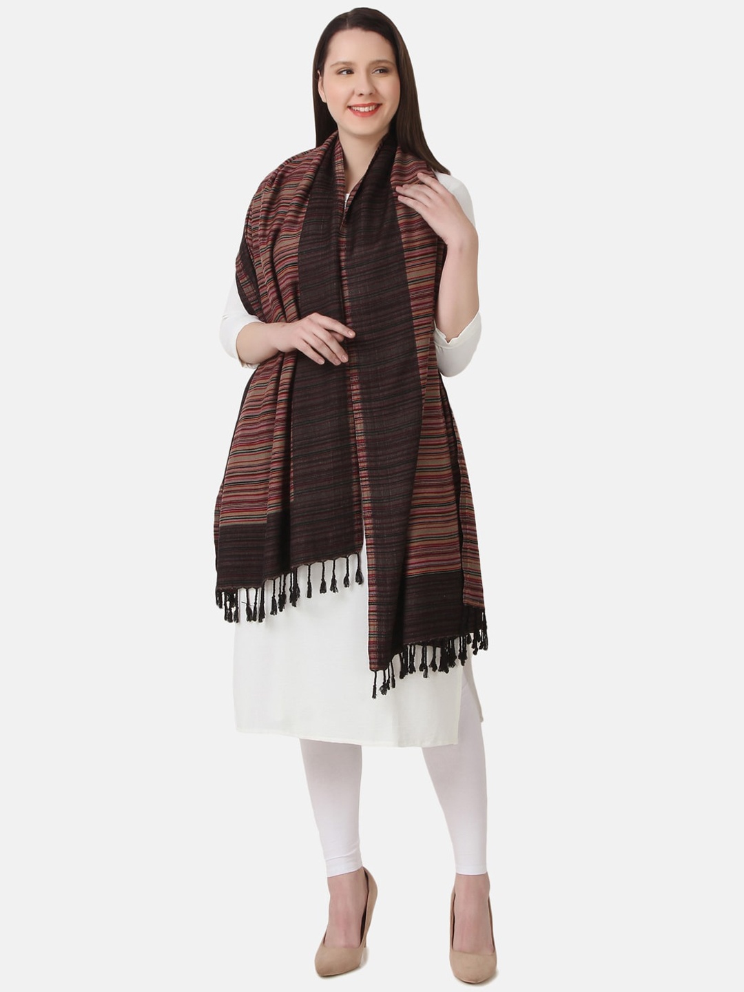 

EVAZ Ethnic Motifs Woven Design Tasseled Wool Shawl, Black