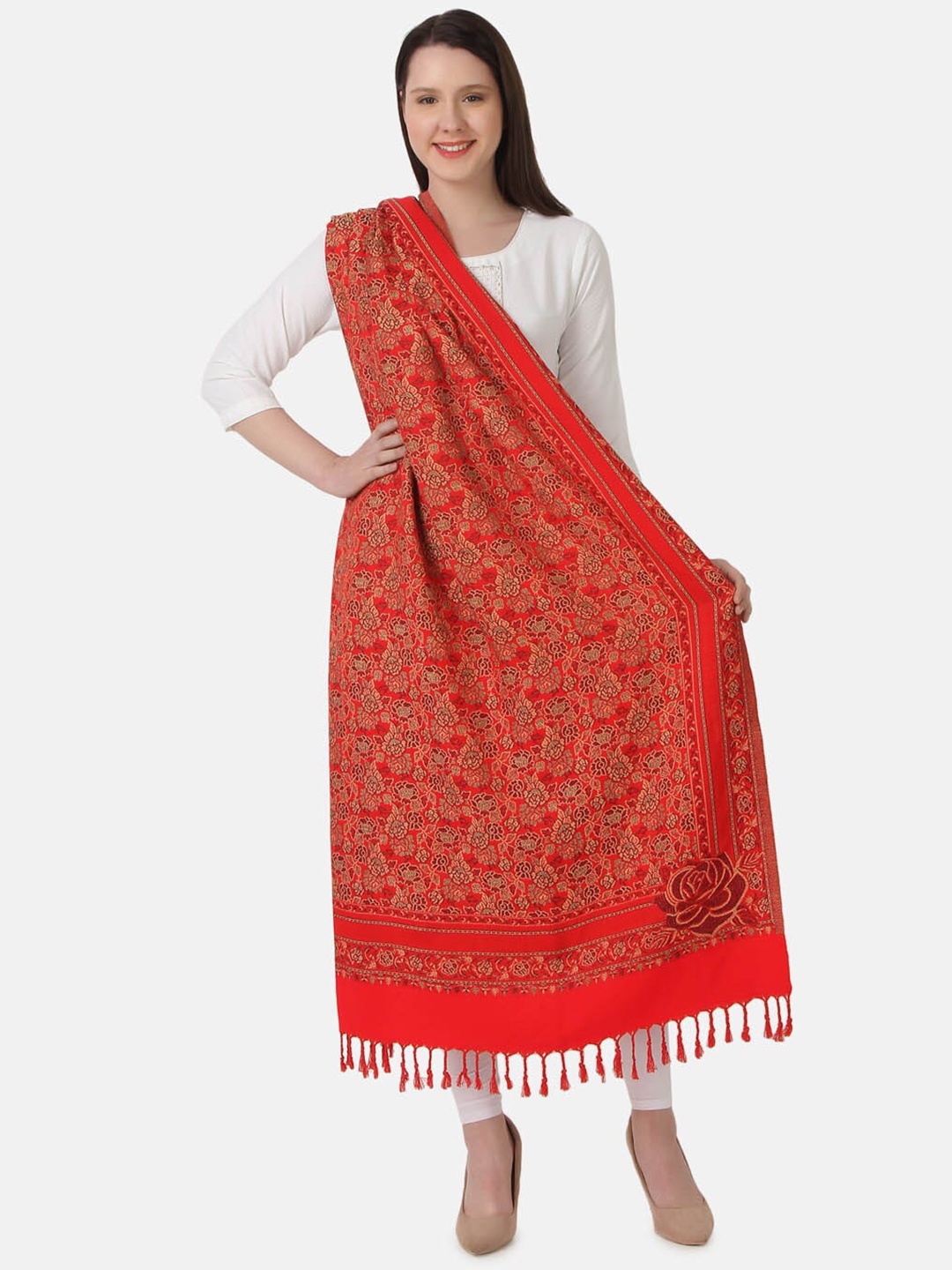 

EVAZ Floral Woven Design Tasseled Acrylic Shawl, Red