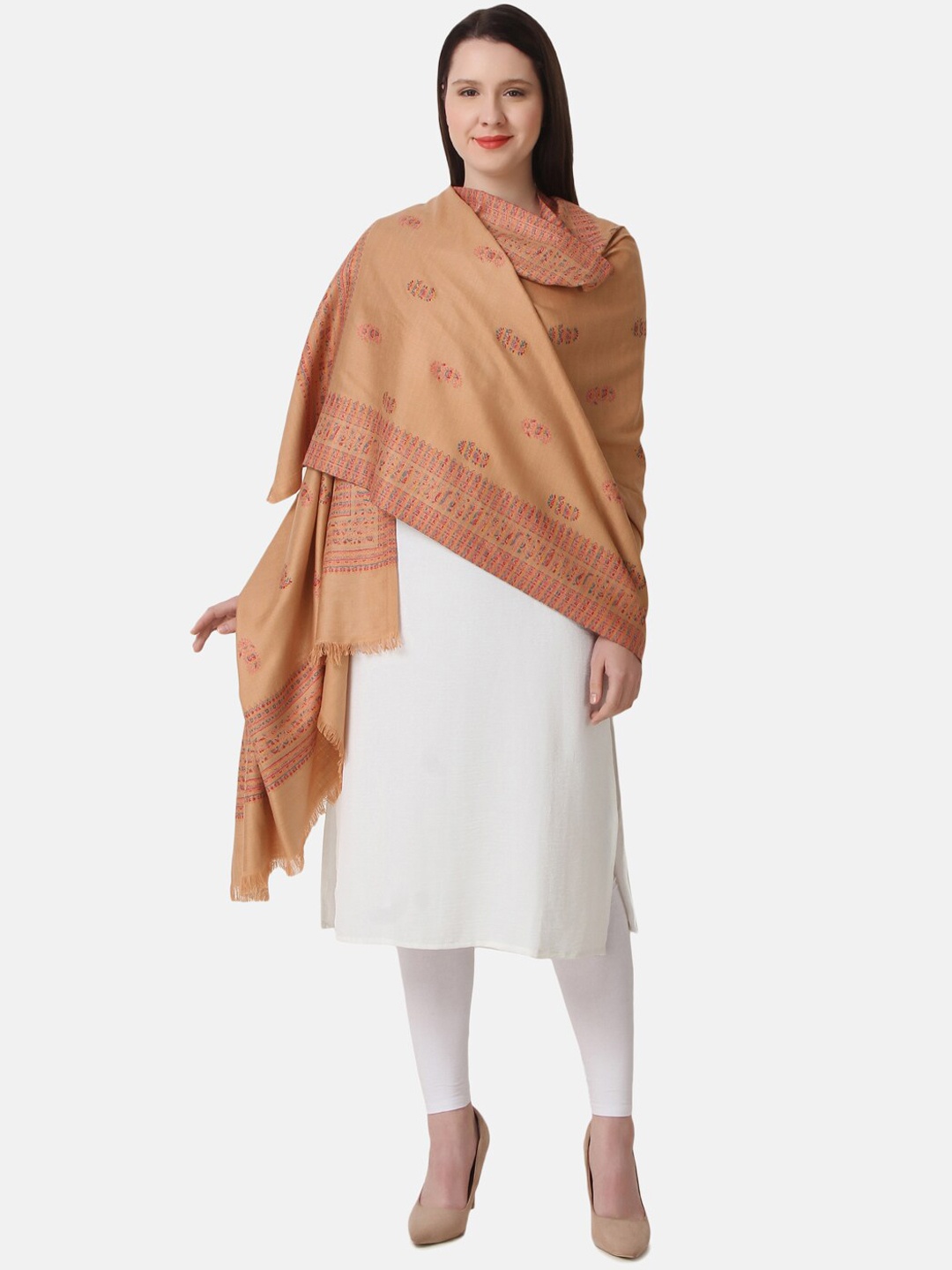 

EVAZ Ethnic Motifs Woven Design Tasseled Wool Shawl, Beige