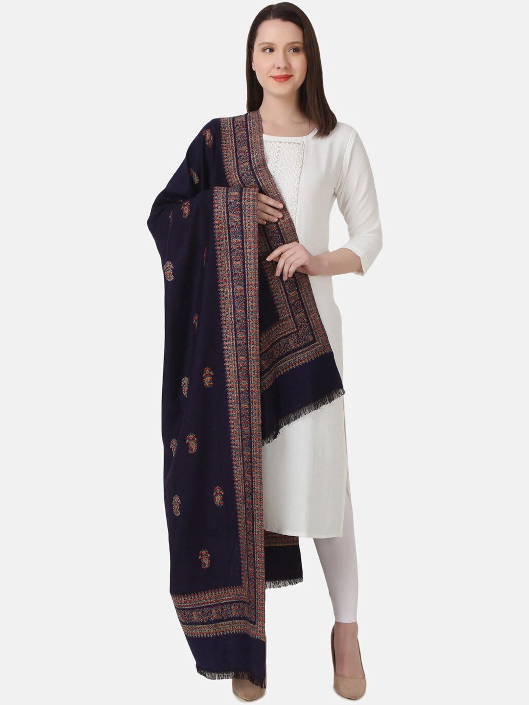 

EVAZ Ethnic Motifs Woven Design Tasseled Acrylic Shawl, Navy blue