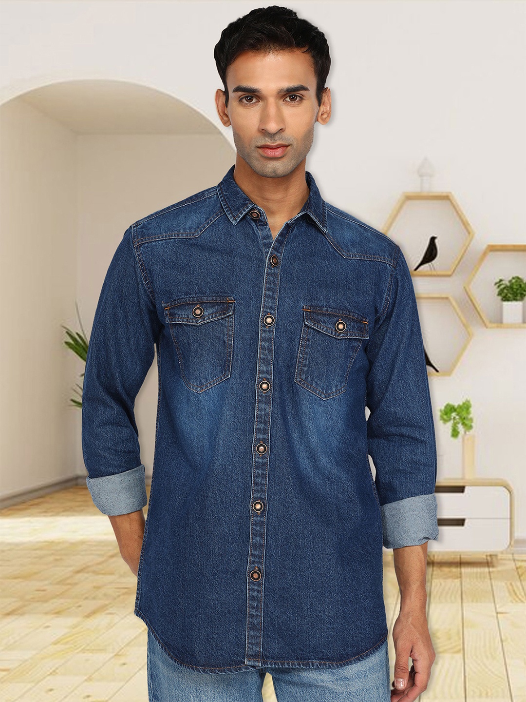 

Kuons Avenue Smart Slim Fit Faded Opaque Denim Casual Shirt, Blue