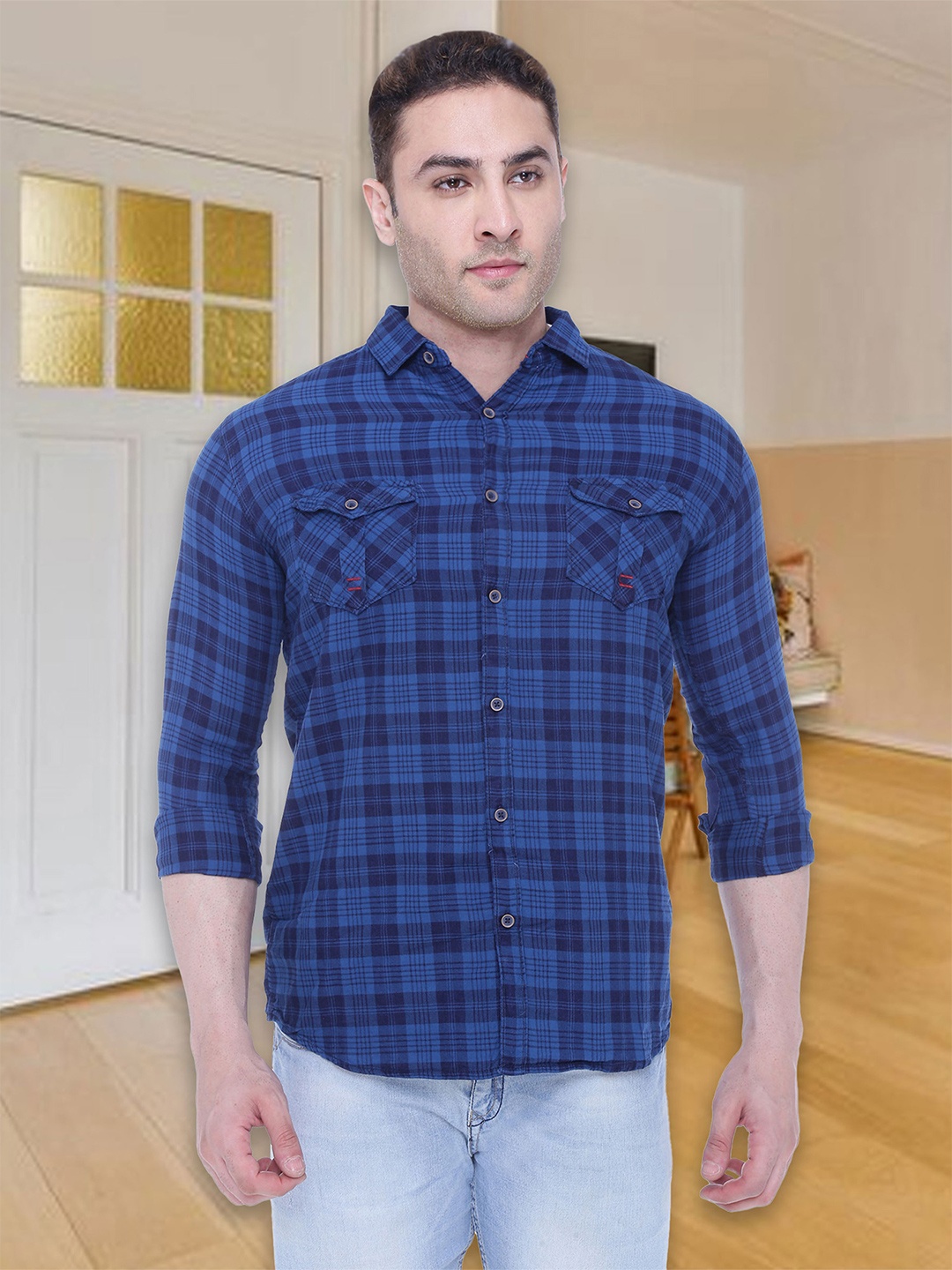 

Kuons Avenue Smart Tartan Checked Spread Collar Cotton Casual Shirt, Blue