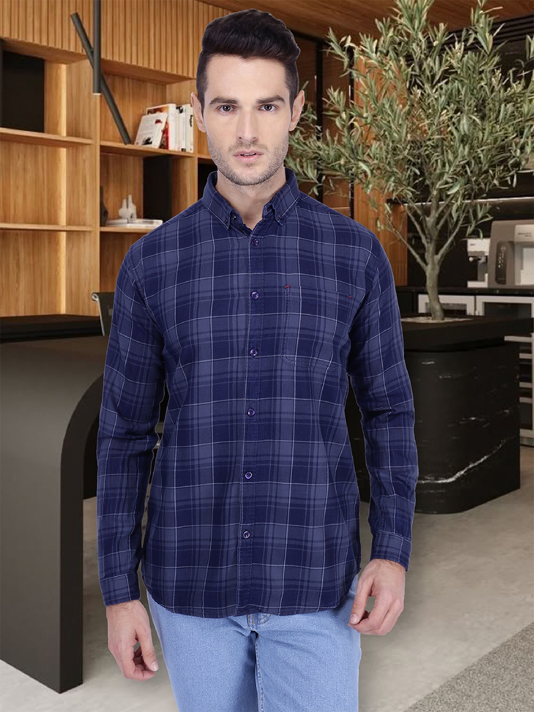 

Kuons Avenue Smart Slim Fit Opaque Checked Cotton Twill Casual Shirt, Blue