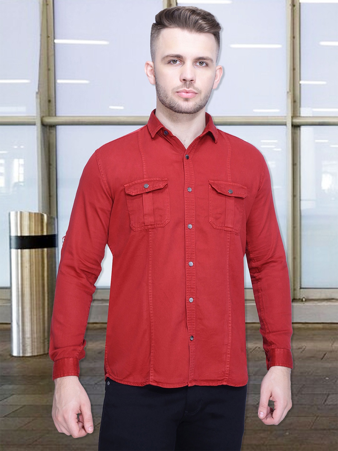 

Kuons Avenue Spread Collar Long Sleeves Cotton Slim Fit Casual Shirt, Red