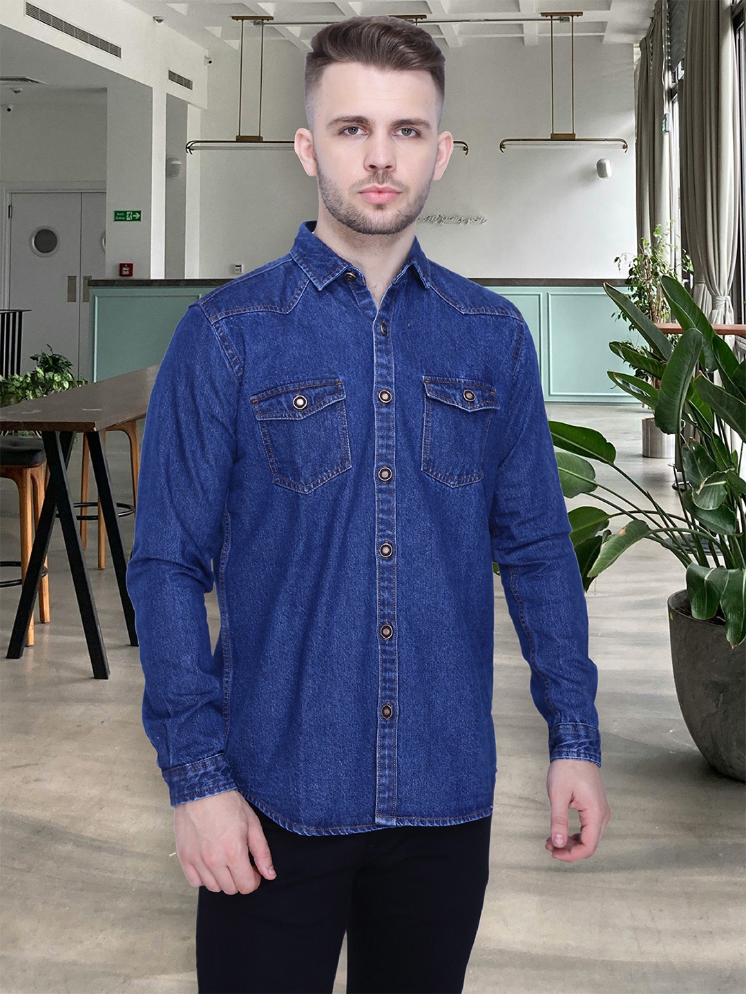 

Kuons Avenue Spread Collar Long Sleeves Denim Slim Fit Casual Shirt, Blue