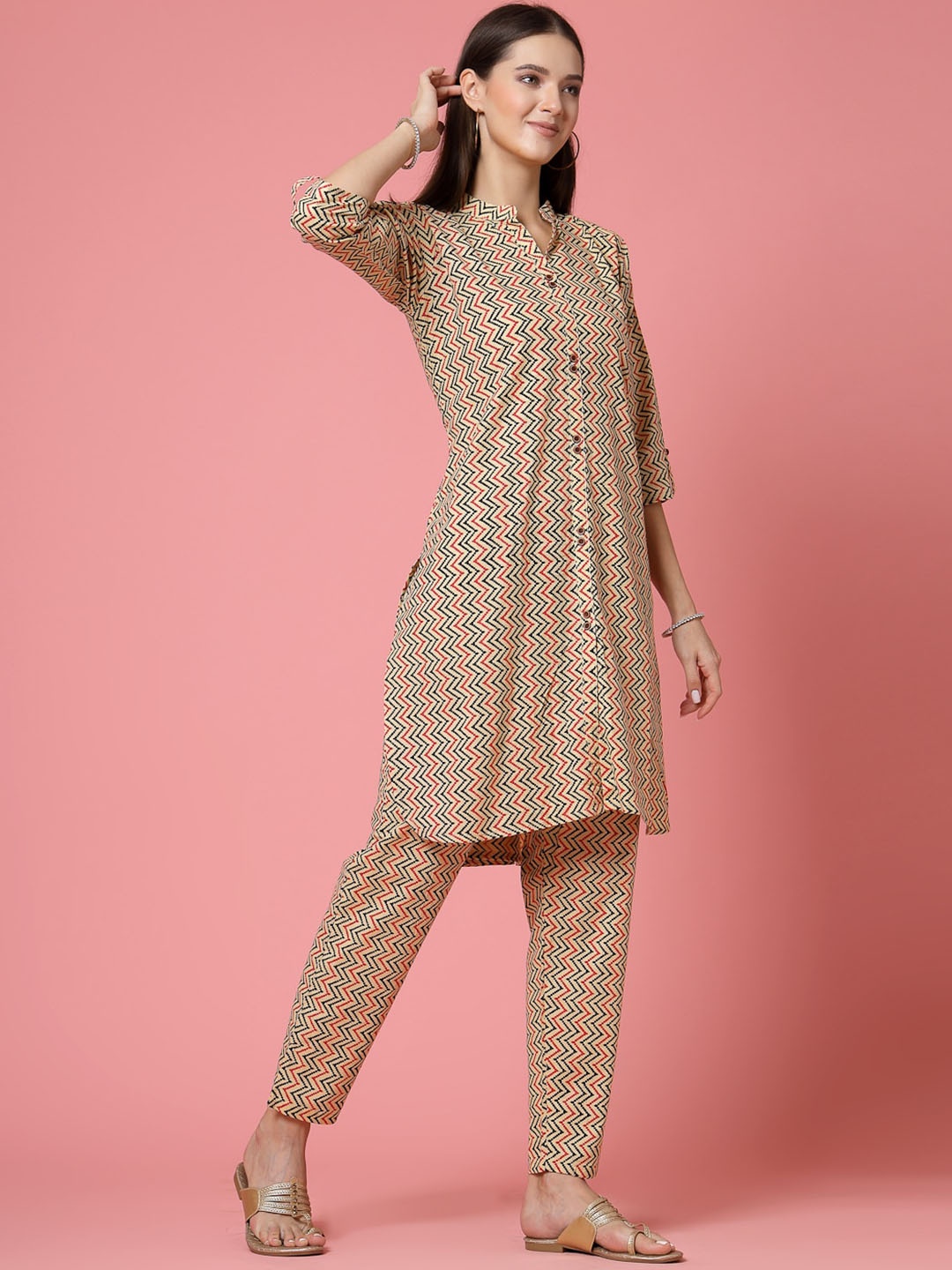 

KALINI Geometric Printed Pure Cotton Kurta with Trousers, Cream