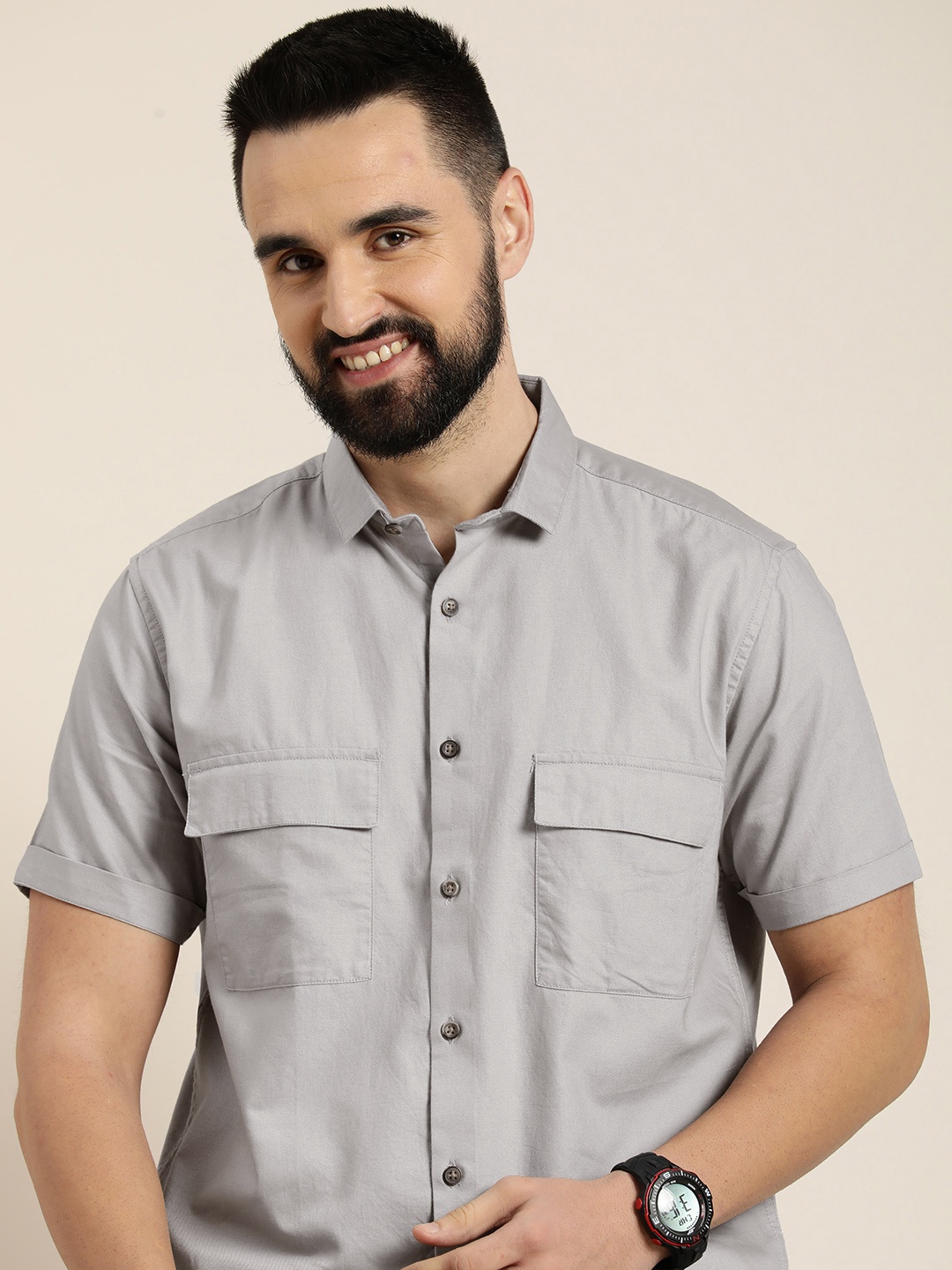 

HERE&NOW Men Classic Slim Fit Opaque Pure Cotton Casual Shirt, Grey