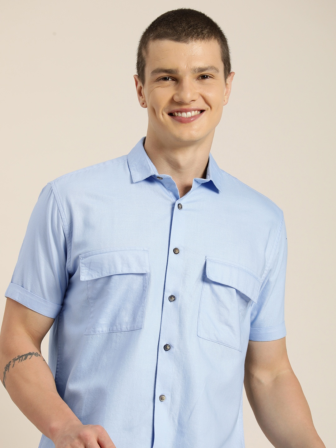 

HERE&NOW Men Classic Slim Fit Opaque Pure Cotton Casual Shirt, Blue