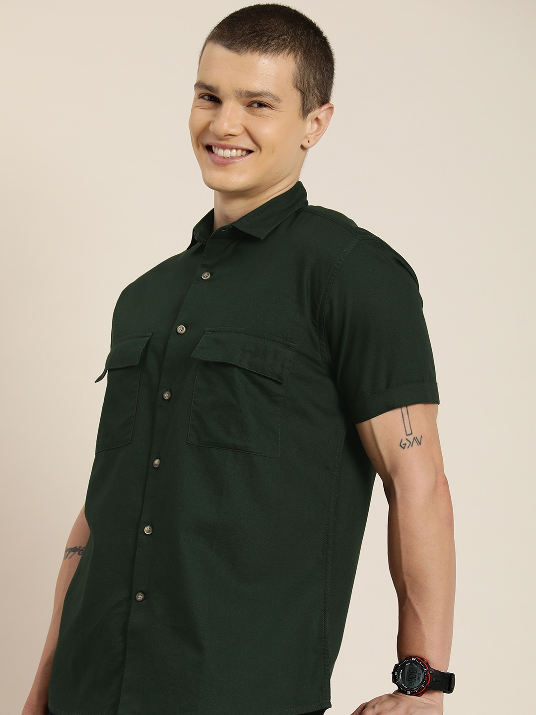 

HERE&NOW Men Classic Slim Fit Opaque Pure Cotton Casual Shirt, Olive