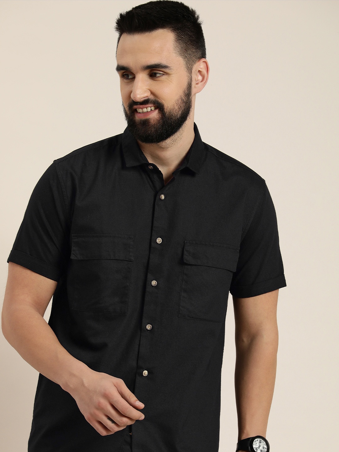 

HERE&NOW Men Classic Slim Fit Opaque Pure Cotton Casual Shirt, Black