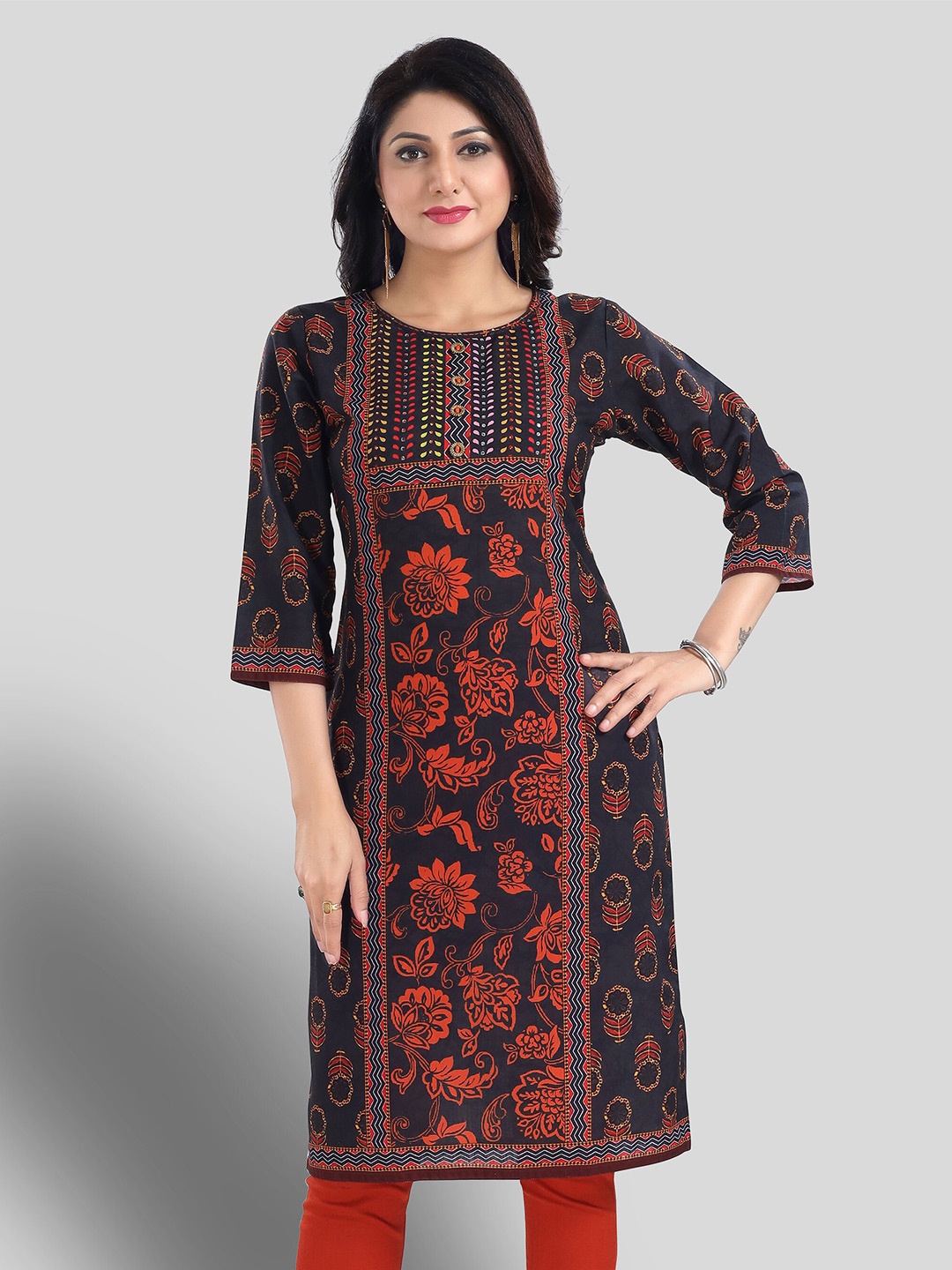 keshubaba Floral Printed Straight Kurta, Black