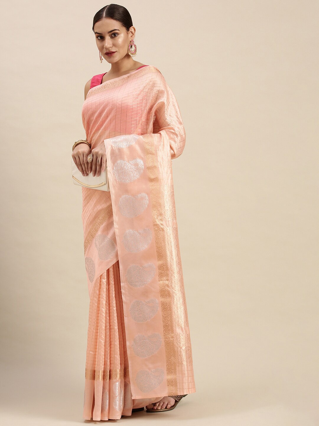 

Anaita Checked Woven Design Zari Banarasi Saree, Peach