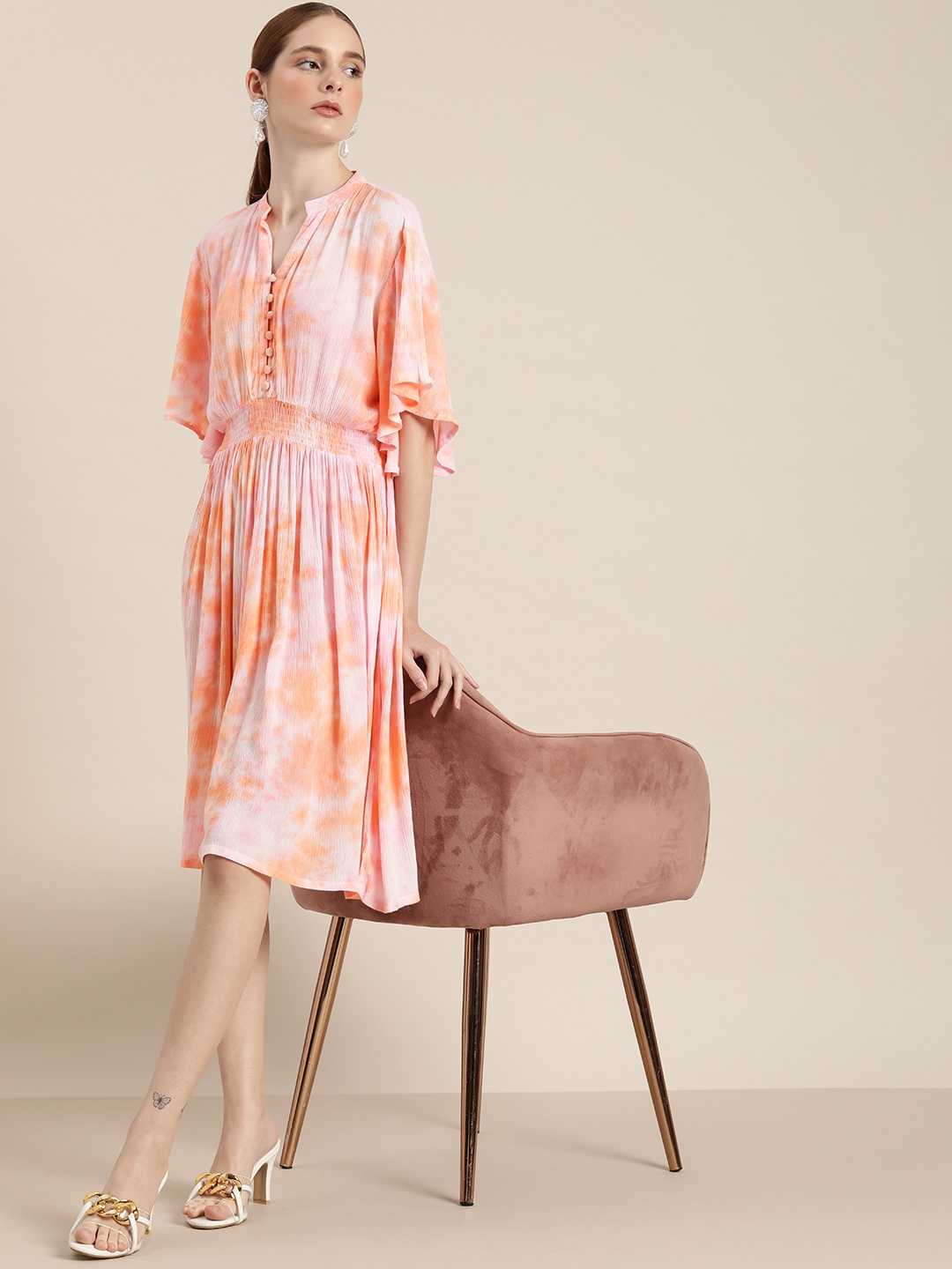 

her by invictus Mandarin collar Tie and Dye A-Line Flared Sleeve Dress, Orange