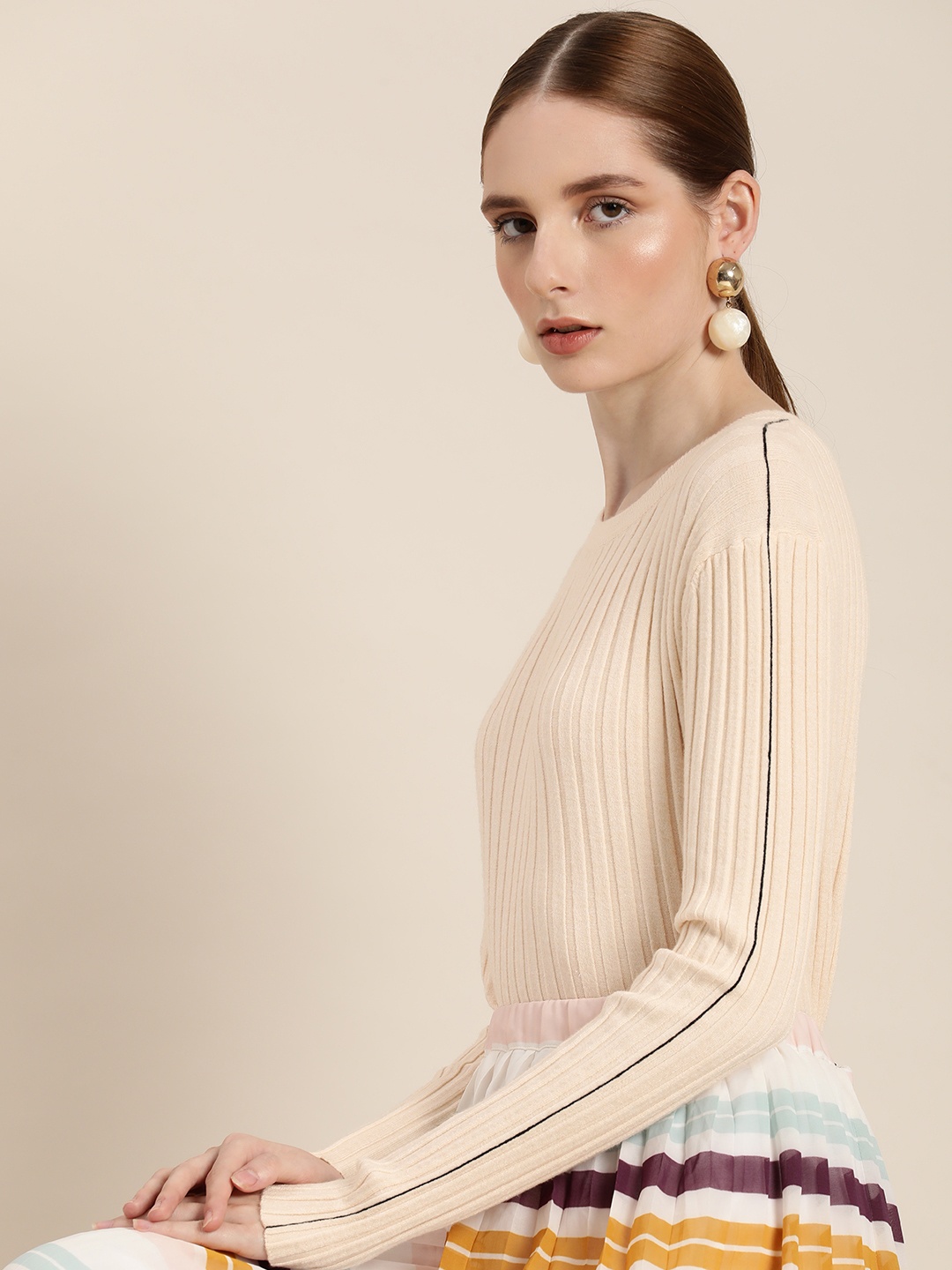 

her by invictus Solid Round Neck Full Sleeves Fitted Knitted Top, Beige